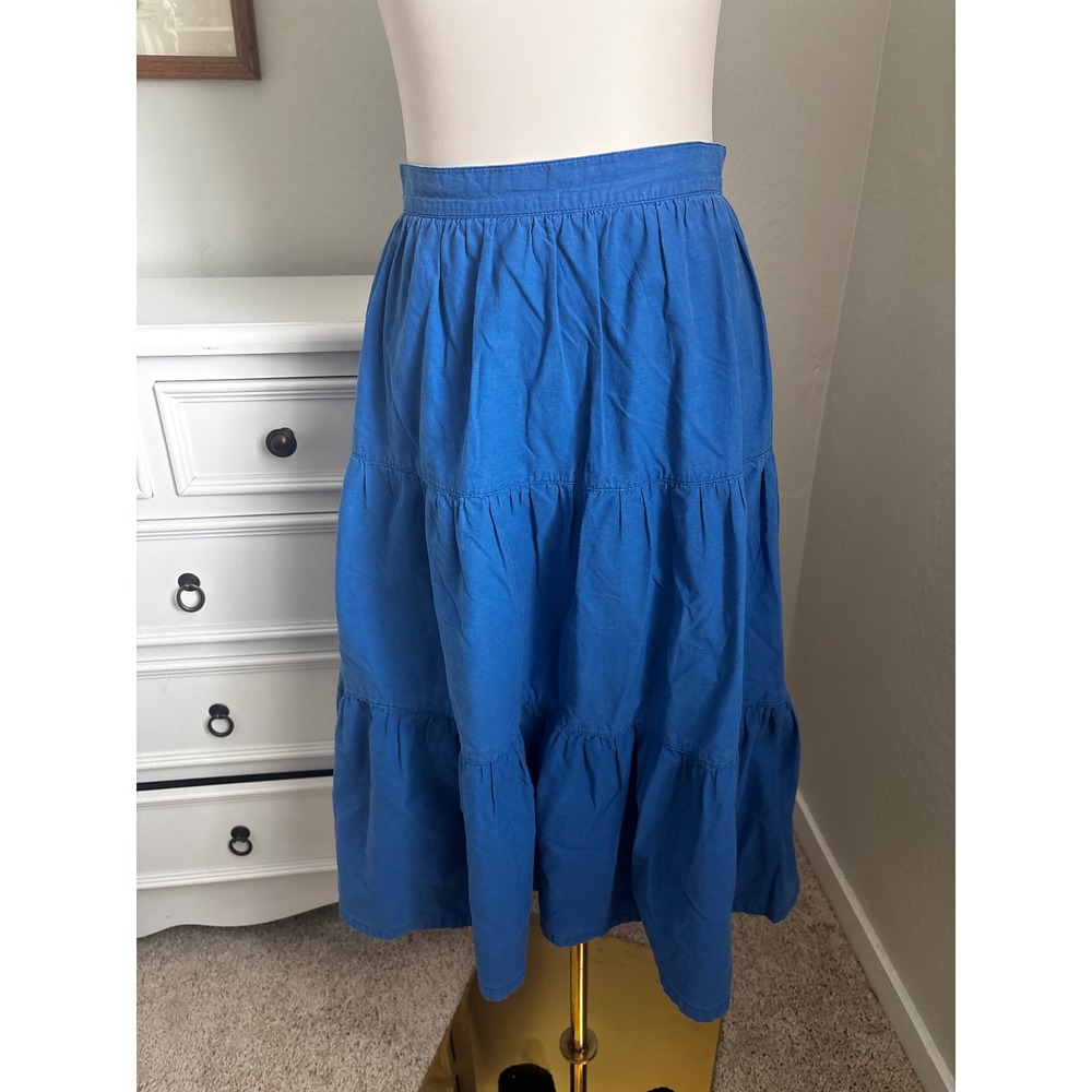 Vintage Crazy Horse Blue Tiered Cotton Midi Skirt High Waisted Cottagecore XS